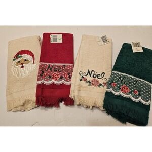 VTG Cannon Red Green Ivory‎ Lace Fingertip 4Towels Santa Noel Fringe NOS Holiday